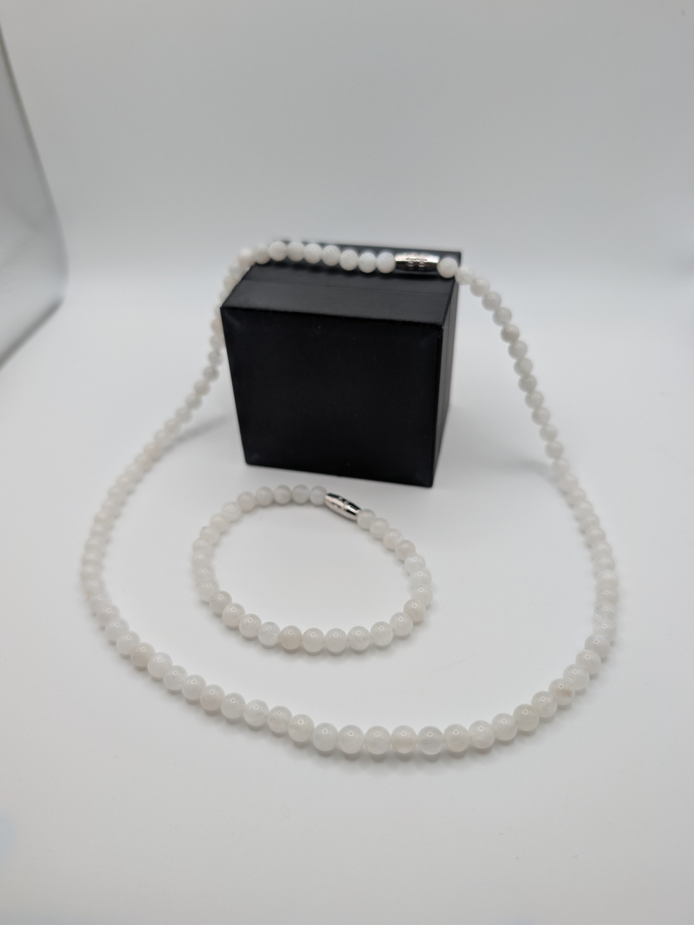 Genuine White Moonstone Beaded Necklace & Bracelet Set Barrel Clasp NWOT